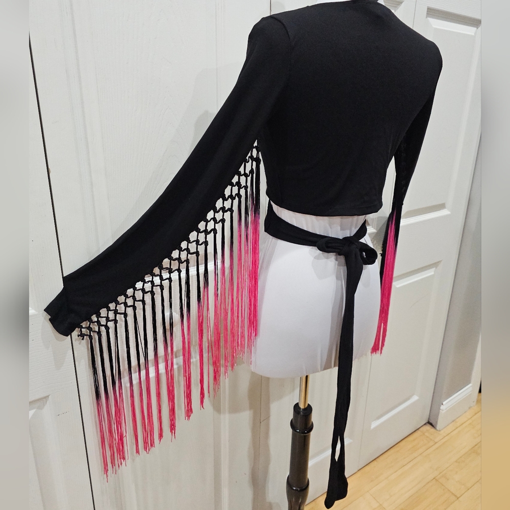 ~SOLD~ Dolls Kill Current Mood Black Pink Whirlwind Romancer Fringe Wrap Top S - Picture 6 of 7